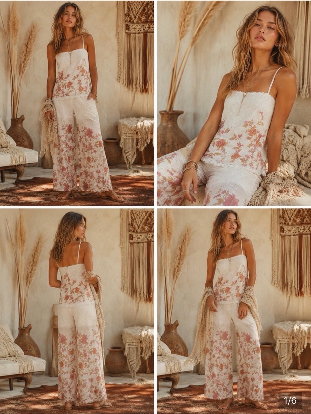 Just Me White Eyelet Floral Two-Piece Tank & Wide Leg Pant Set - Picture 1 of 4